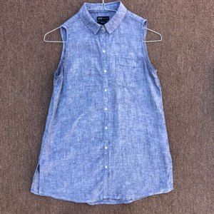 jones new york small linen sleeveless collared button up denim chambray blue